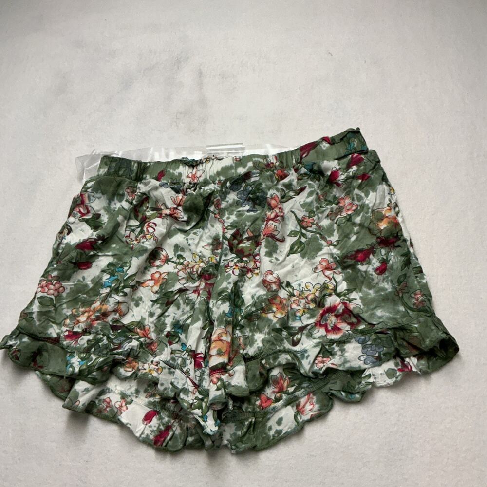 Easel Woman Size M Green Multi Pajama Short Shorts Elastic Waist Ruffle, 4061